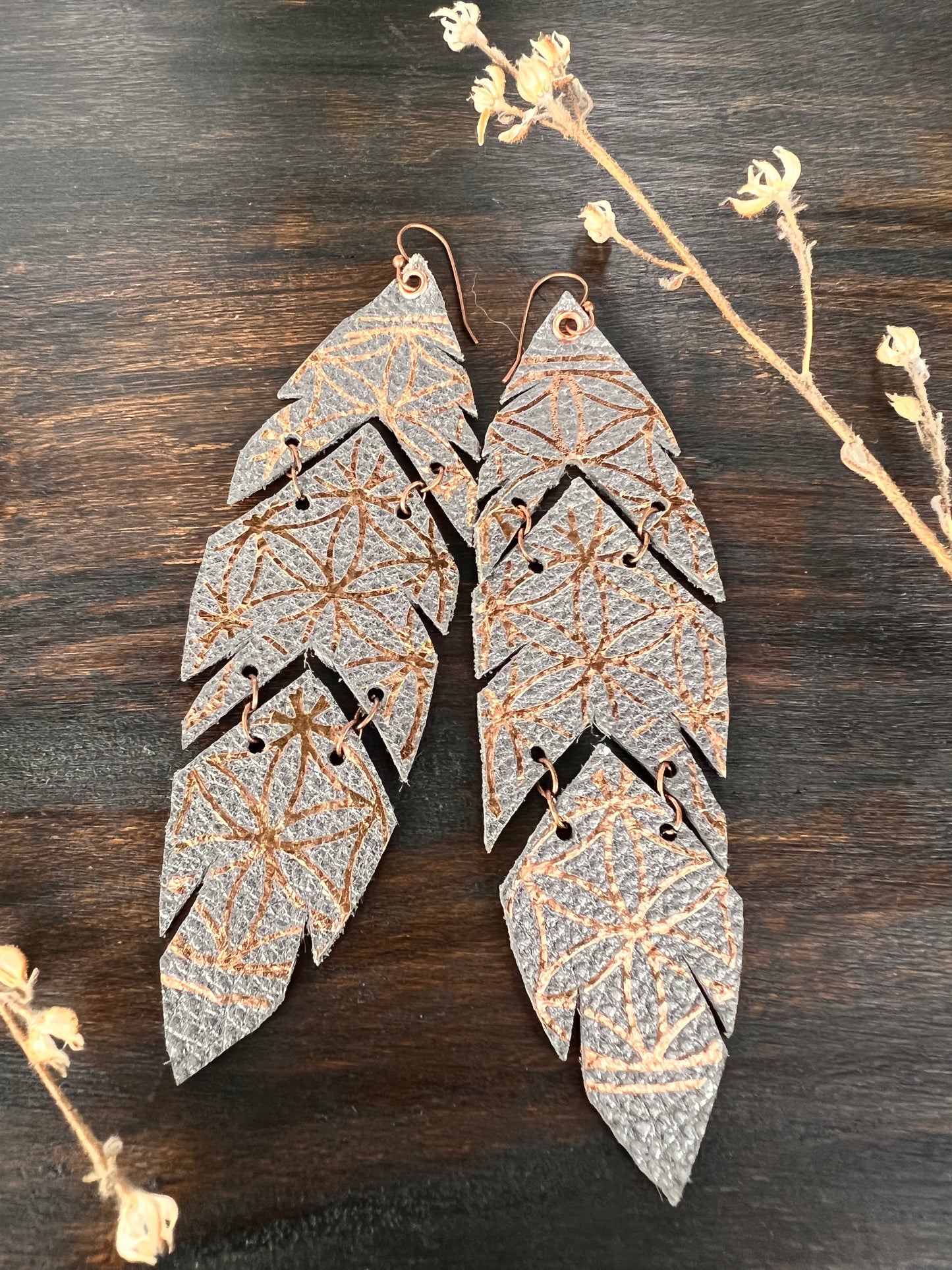 Silver Leather Feather Earrings with Copper Accents