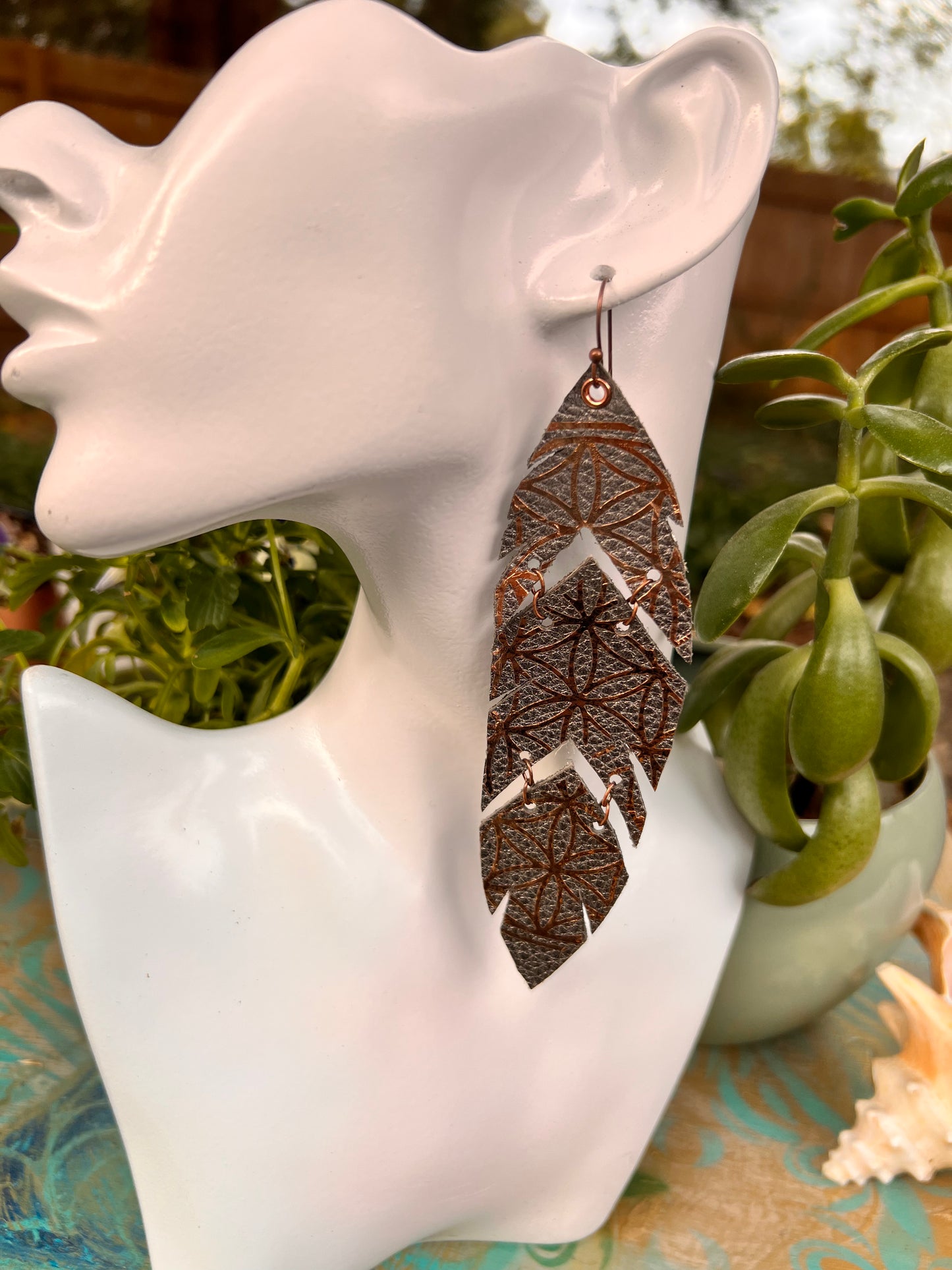 Silver Leather Feather Earrings with Copper Accents