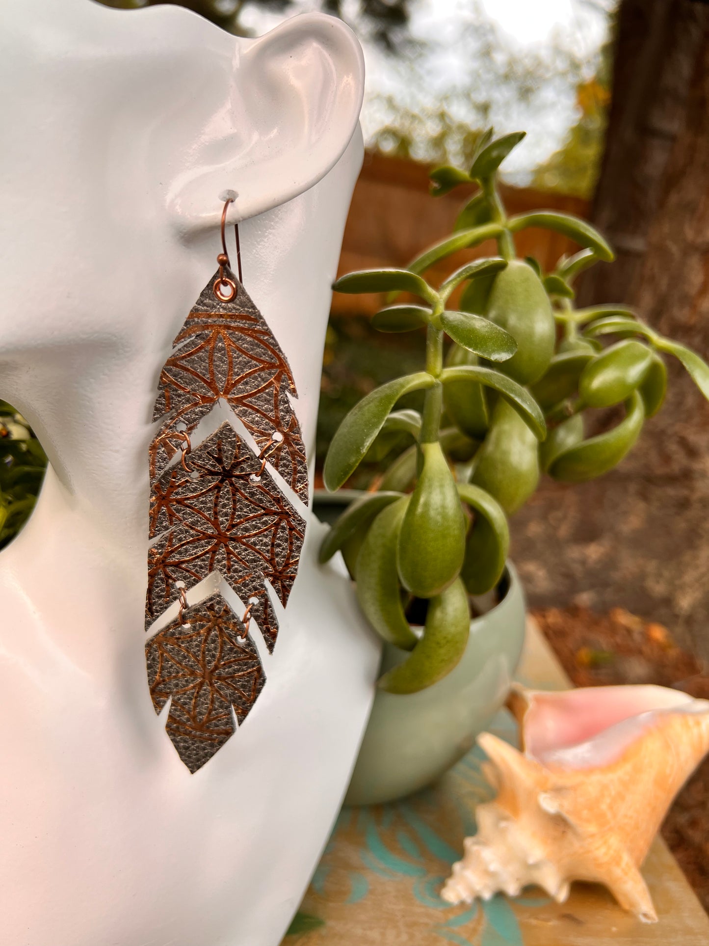 Silver Leather Feather Earrings with Copper Accents