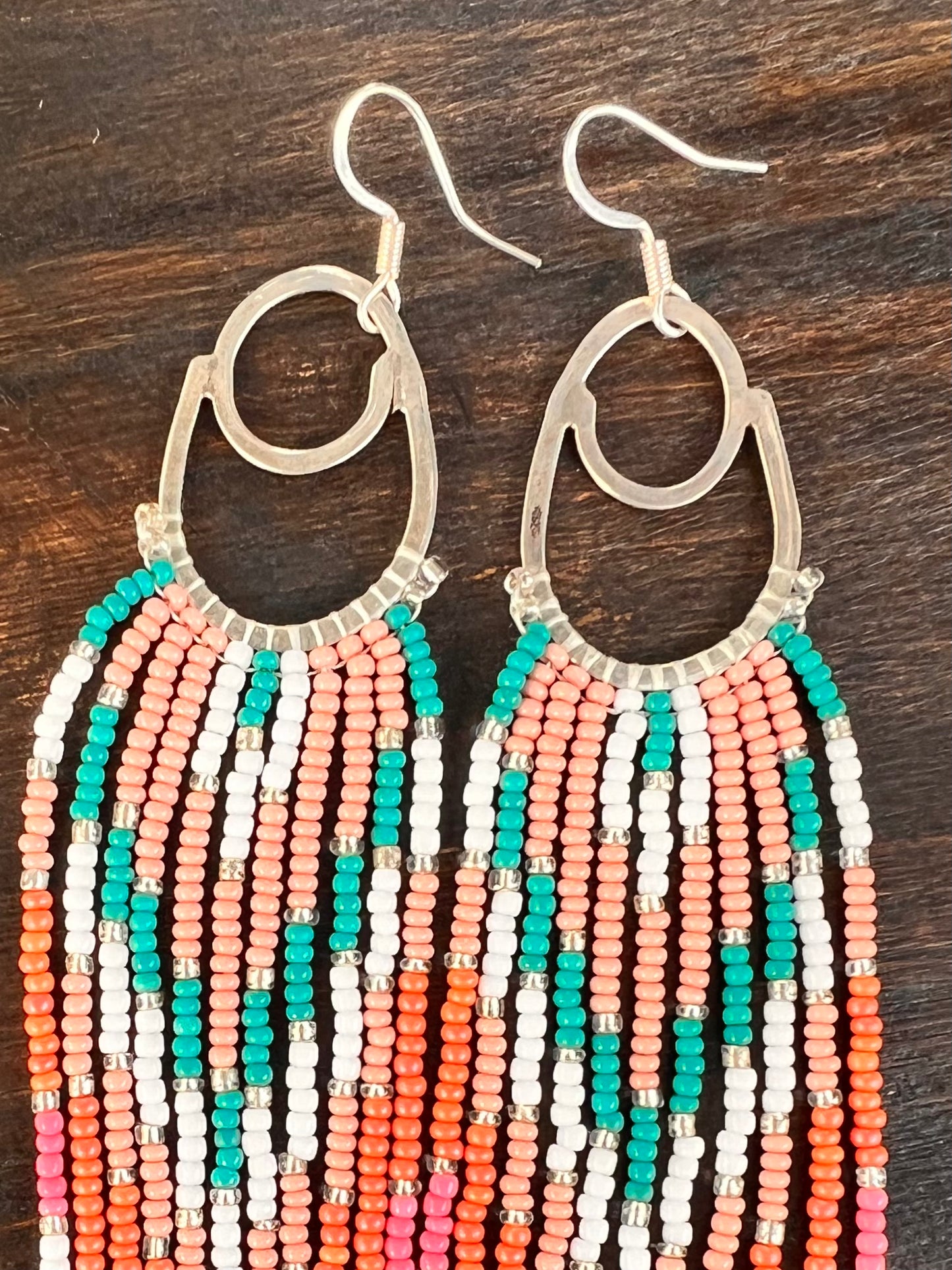 Sterling Silver Long Fringed Beaded Hoop earrings