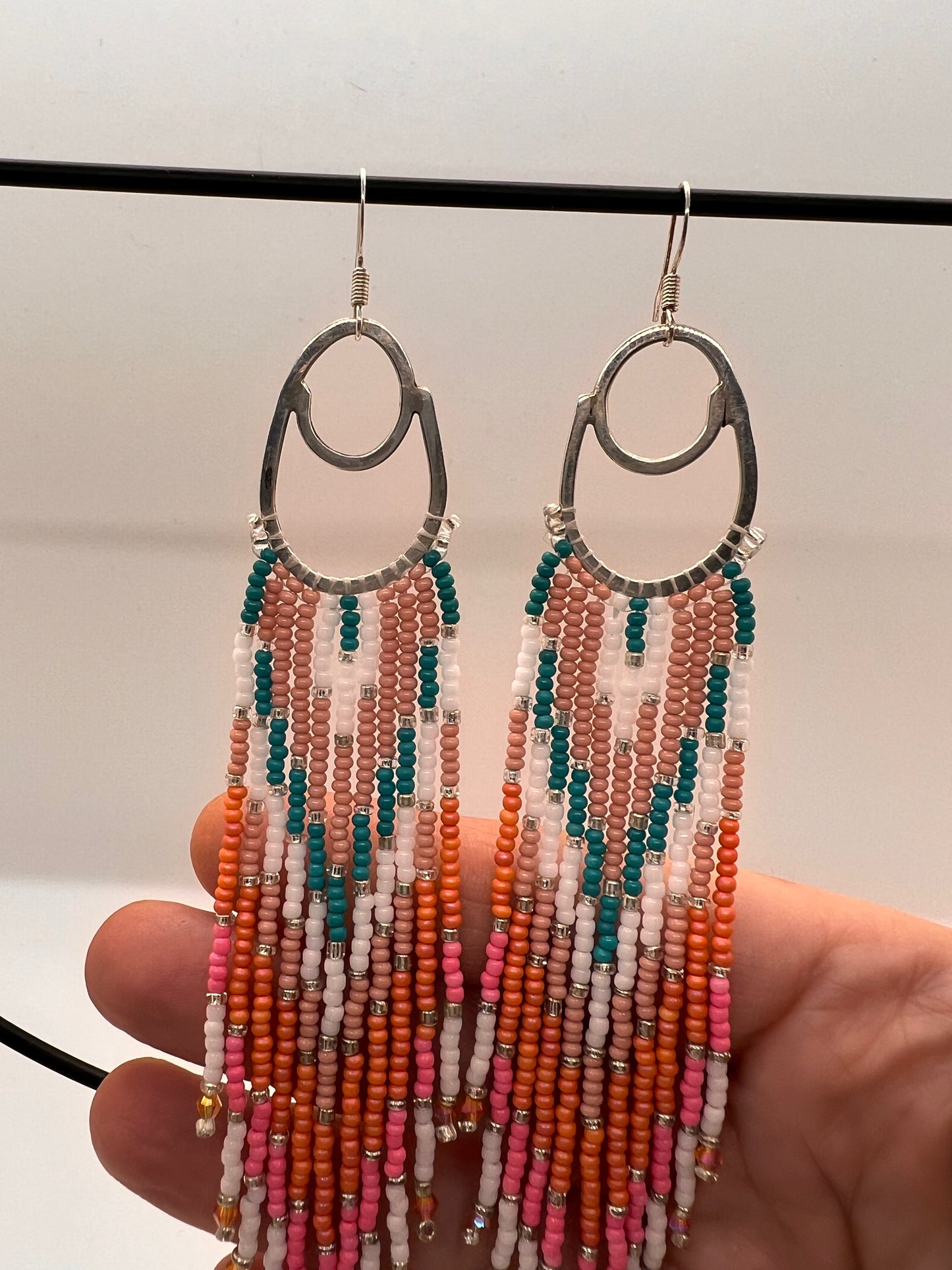 Sterling Silver Long Fringed Beaded Hoop earrings