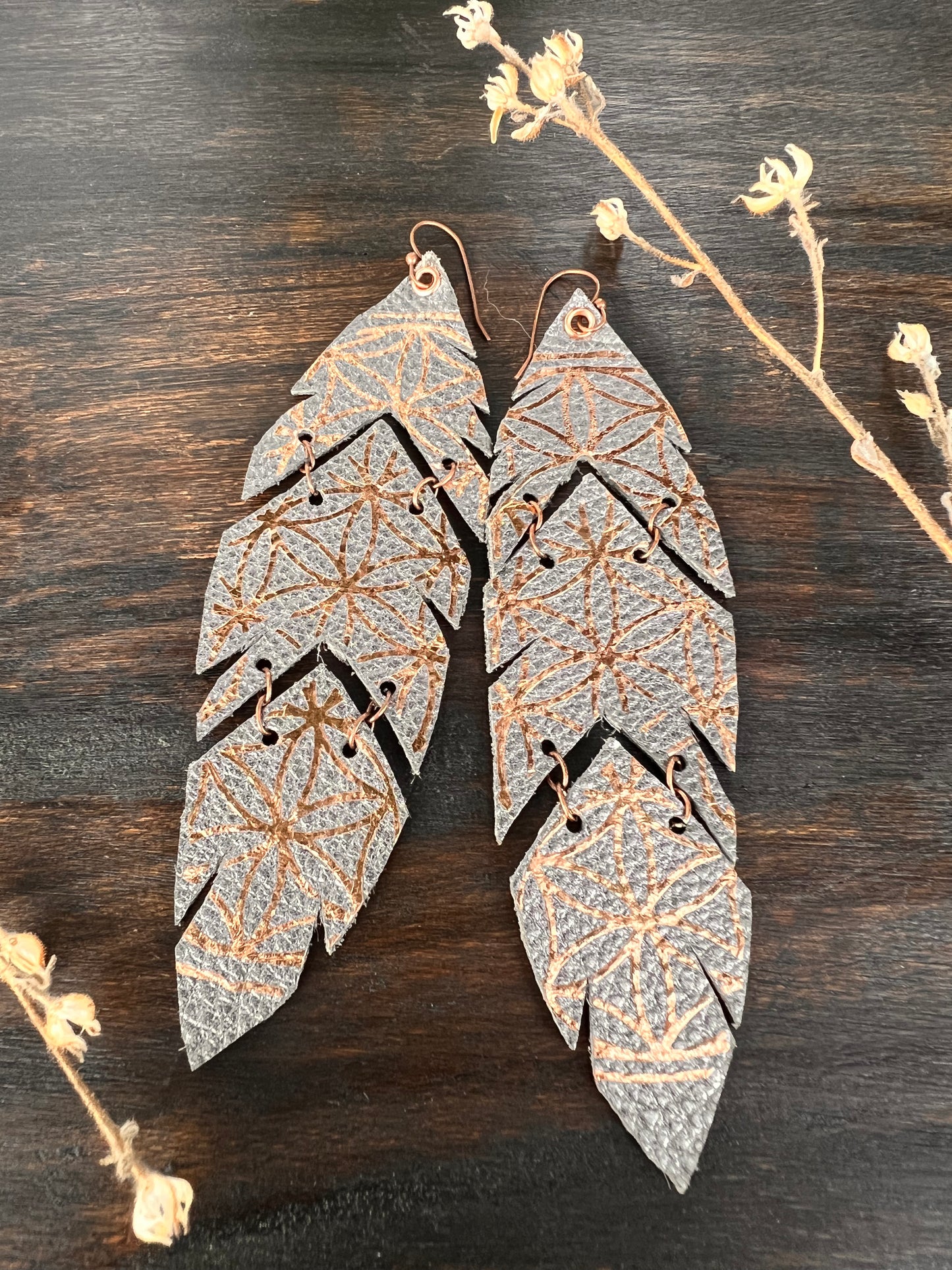 Silver Leather Feather Earrings with Copper Accents