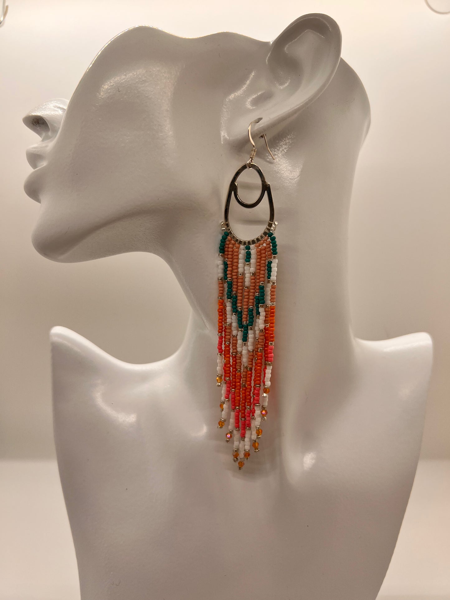 Sterling Silver Long Fringed Beaded Hoop earrings