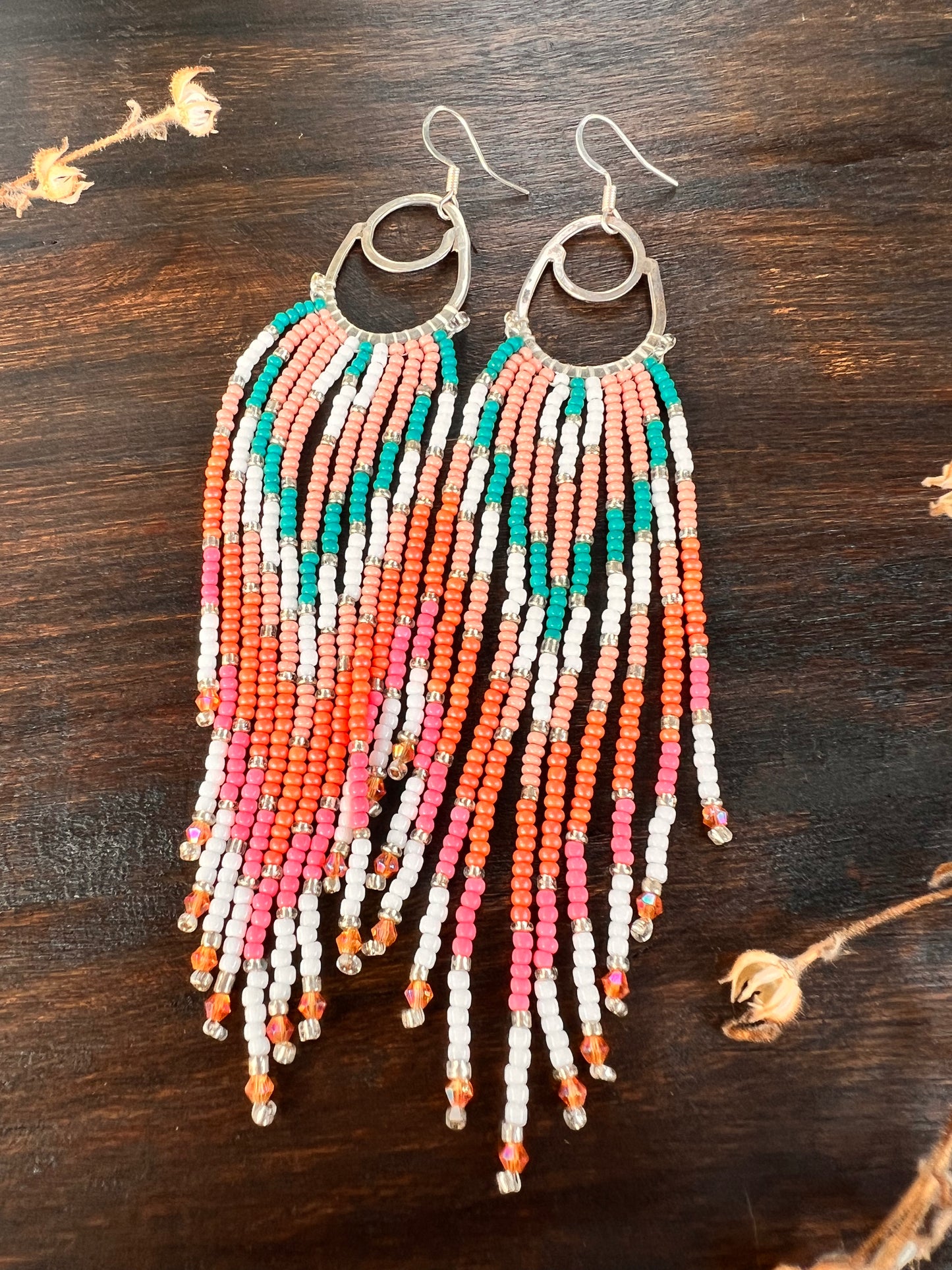 Sterling Silver Long Fringed Beaded Hoop earrings