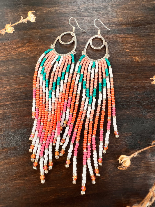 Sterling Silver Long Fringed Beaded Hoop earrings