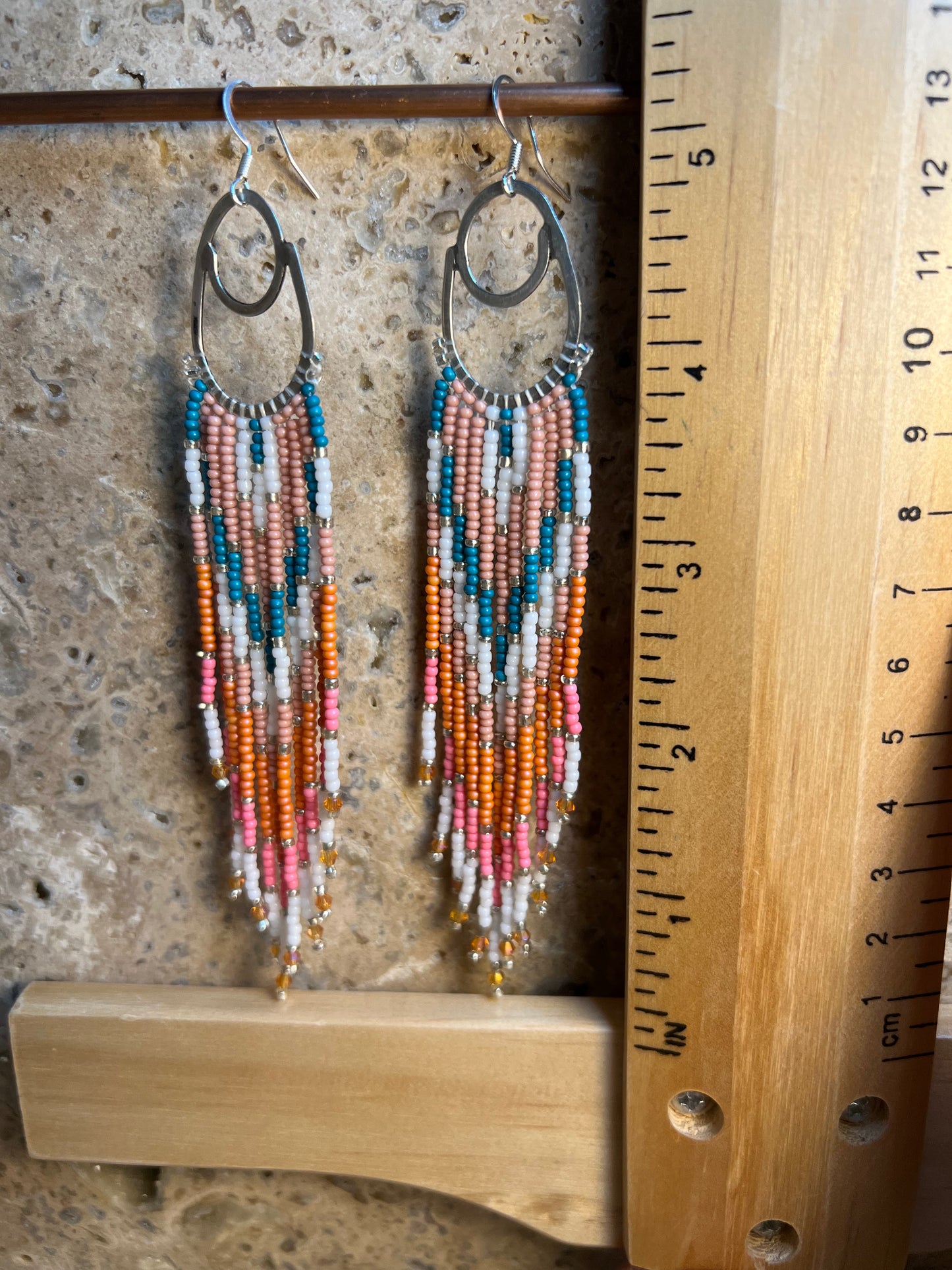 Sterling Silver Long Fringed Beaded Hoop earrings