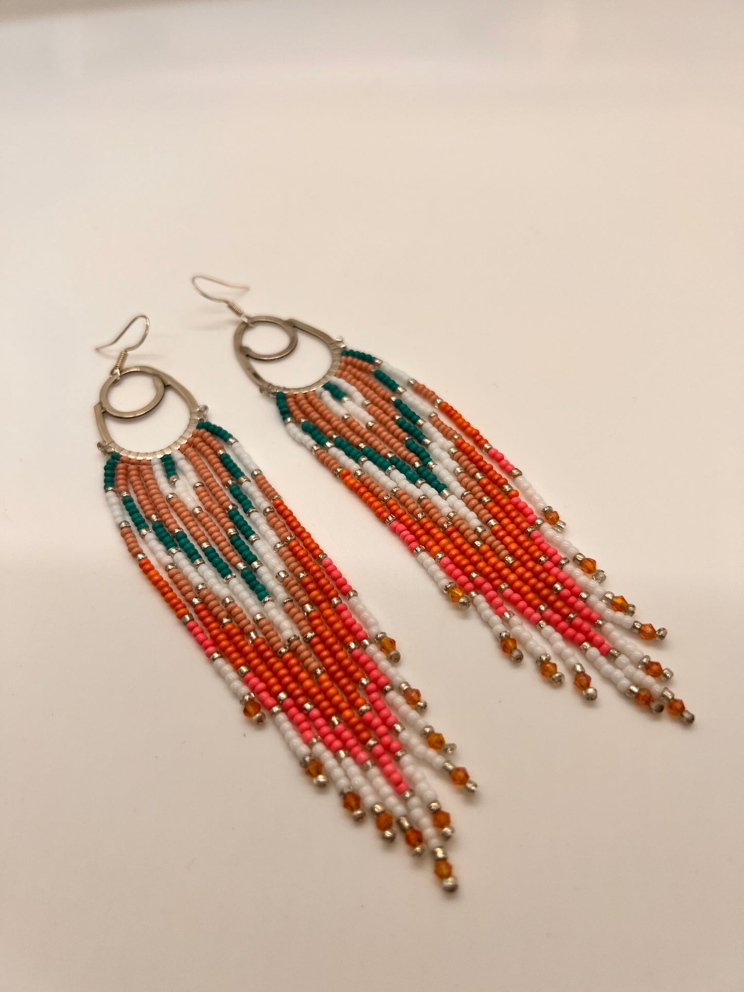 Sterling Silver Long Fringed Beaded Hoop earrings