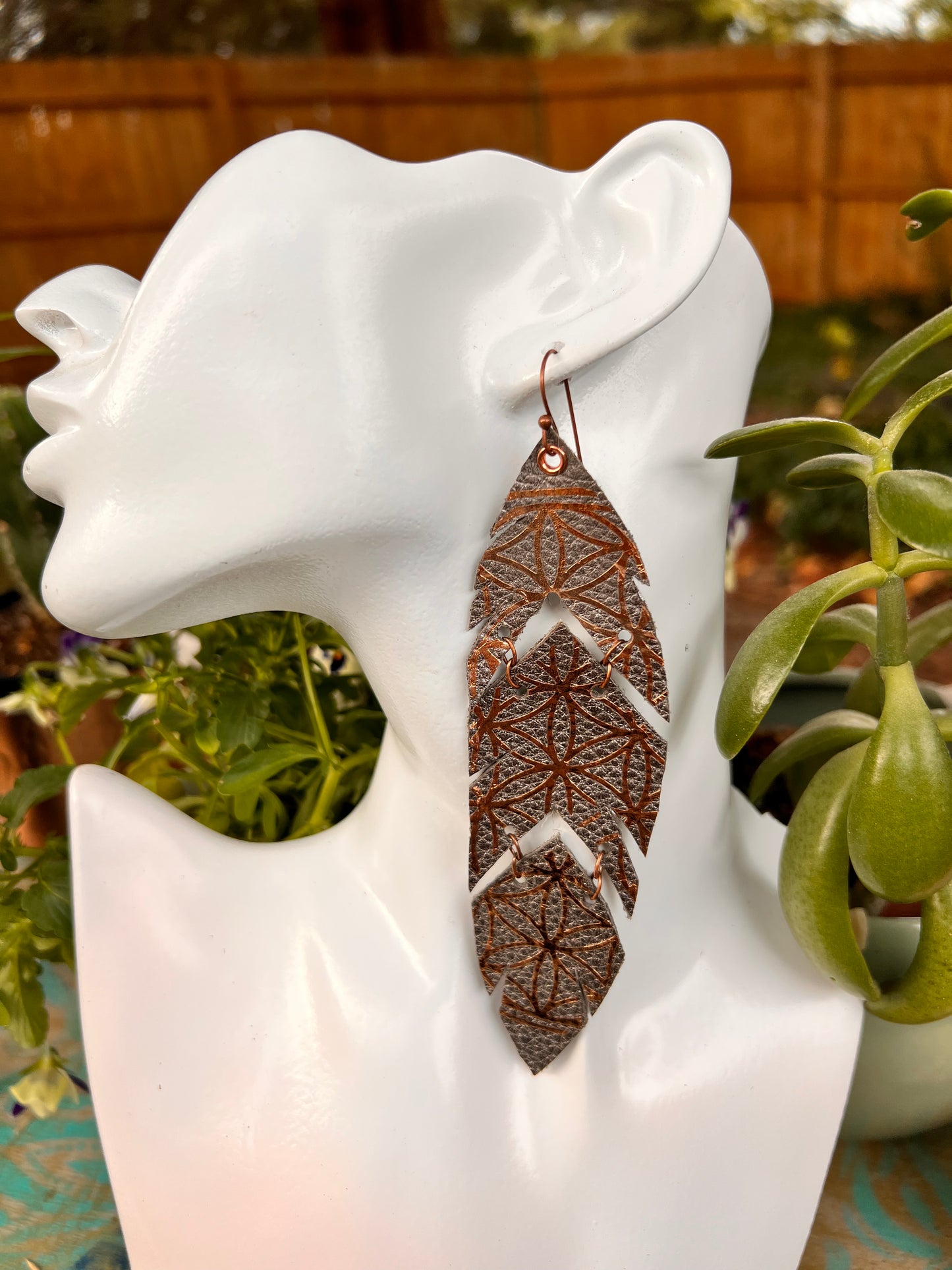 Silver Leather Feather Earrings with Copper Accents