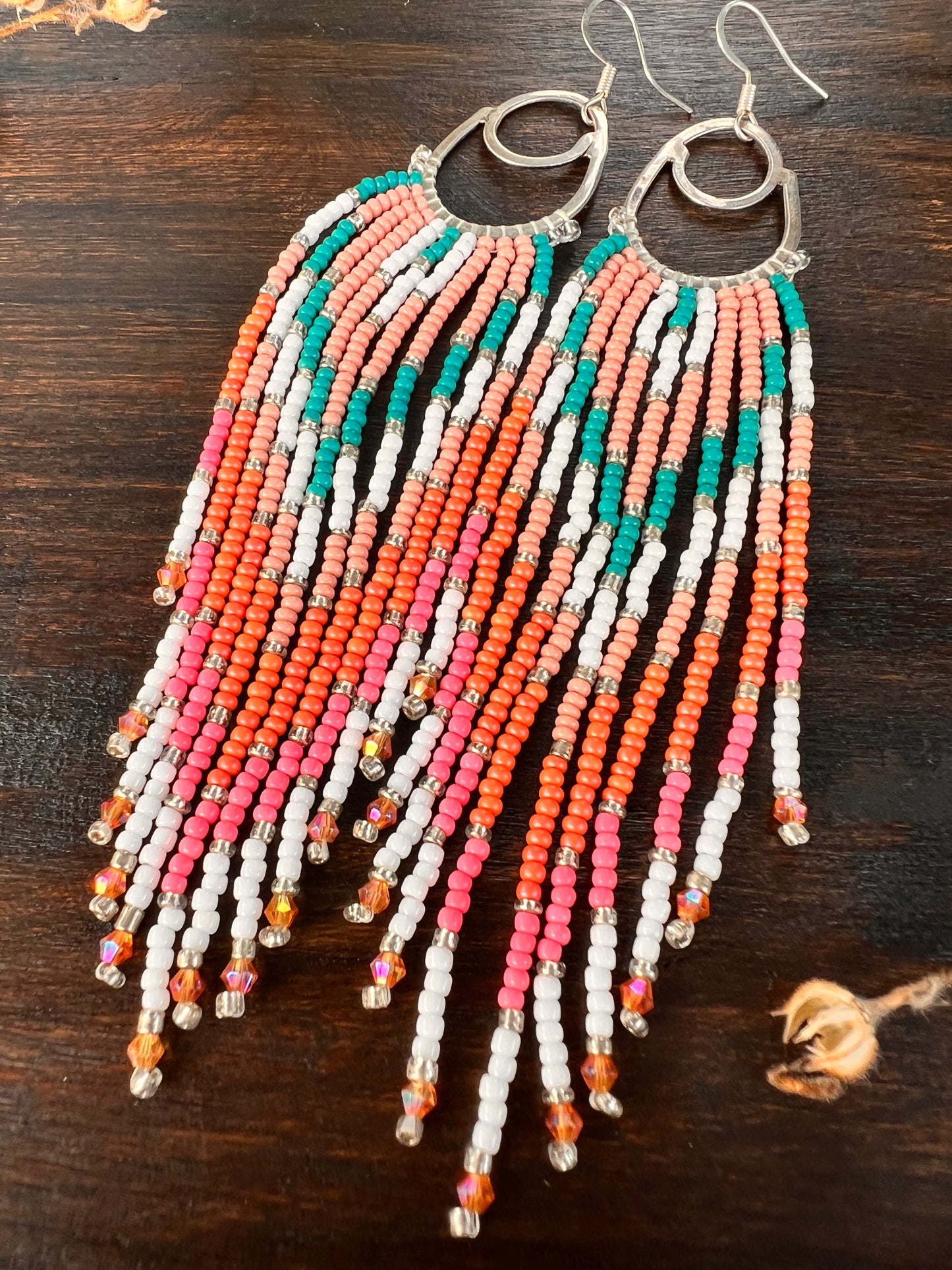Sterling Silver Long Fringed Beaded Hoop earrings