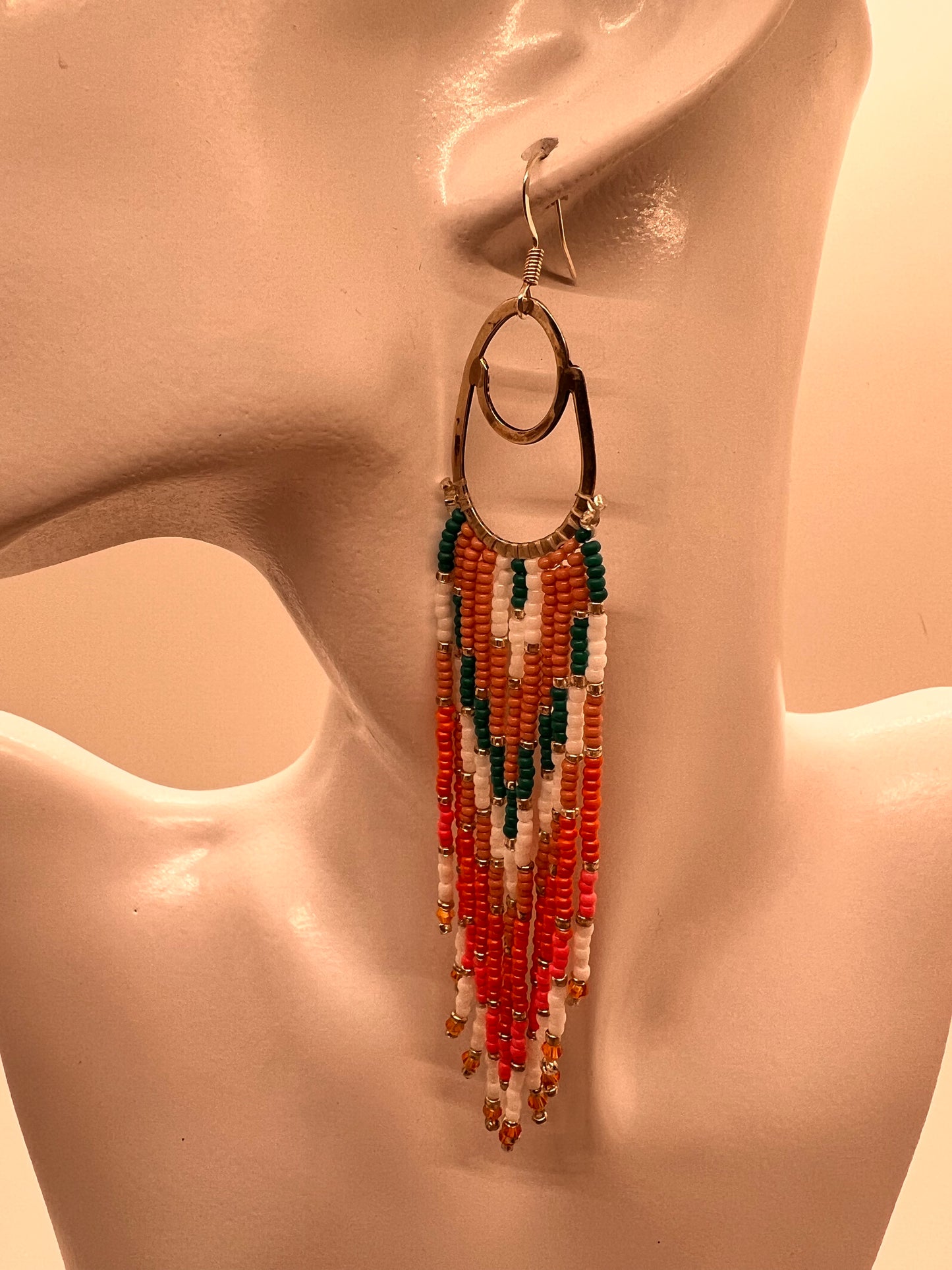 Sterling Silver Long Fringed Beaded Hoop earrings
